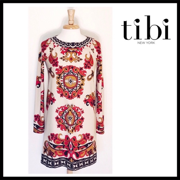 TIBI LONG SLEEVES BLACK PRINT A-LINE DRESS A3C - Picture 5 of 8